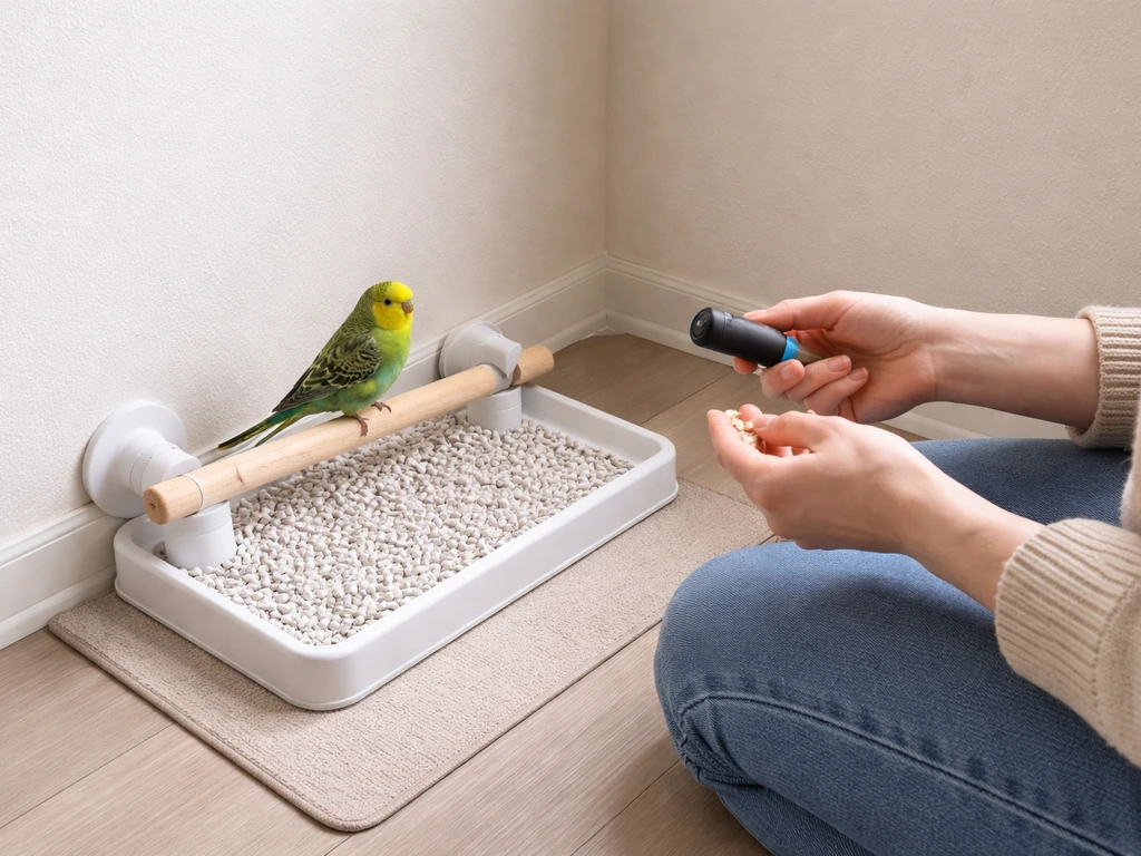 Handler kneeling by a quiet indoor setup near a potty perch, holding treats for reliable cue charging.