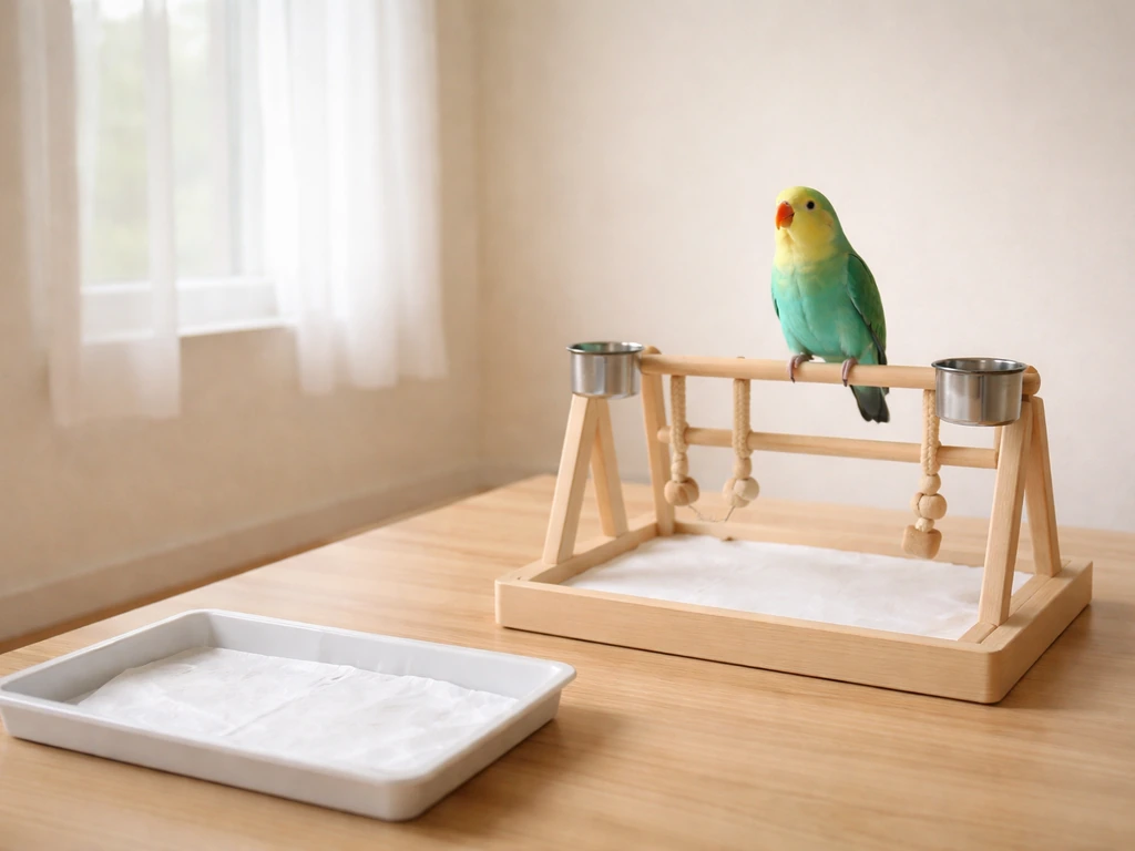 Small parrot perched near a simple potty tray in a clean, controlled indoor play area.