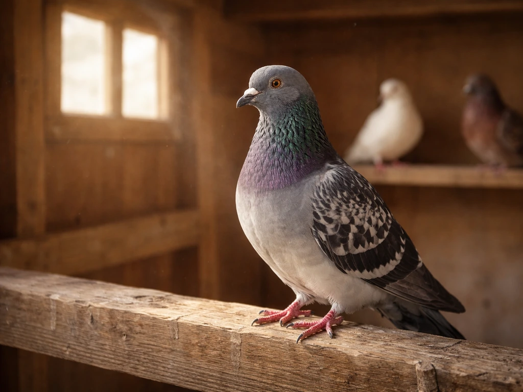 Domestic homing pigeon perched in a loft, with a few blurred non-messenger wild birds in the background.