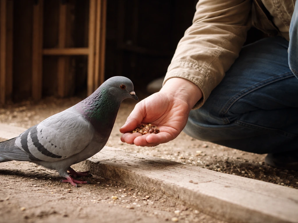 A pigeon approaches an open handler’s hand for seed at a loft entrance in natural light.