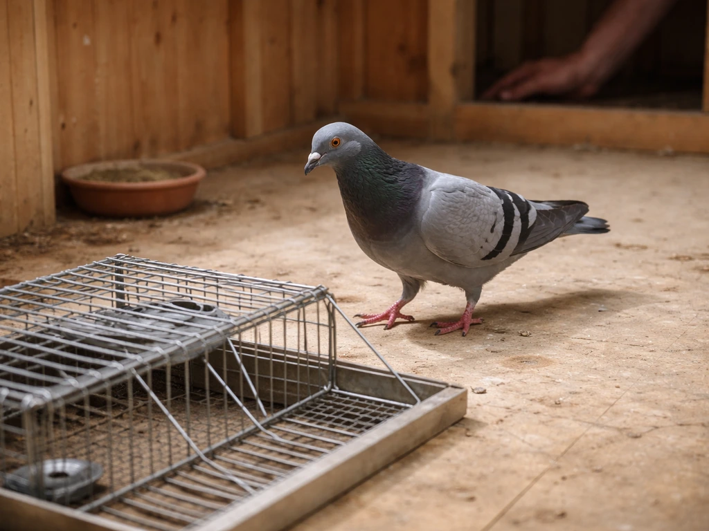 A pigeon steps toward a training trap inside a loft area under gentle supervision