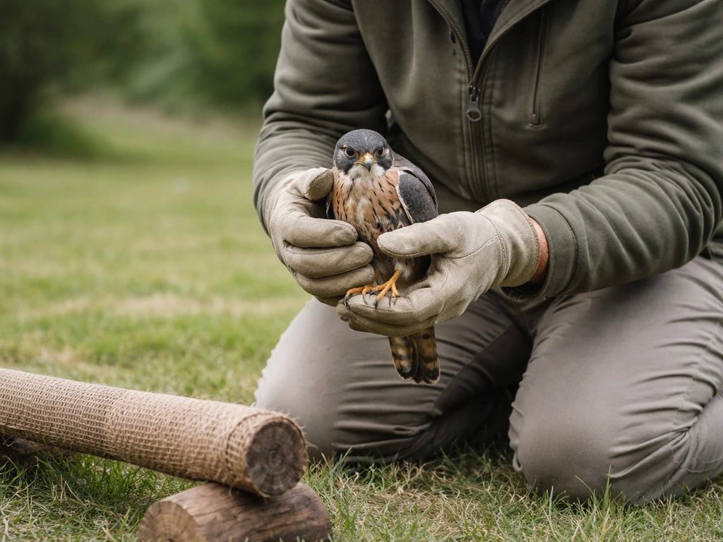 Gloved handler gently checks a small bird in a quiet outdoor setting after an unreliable return