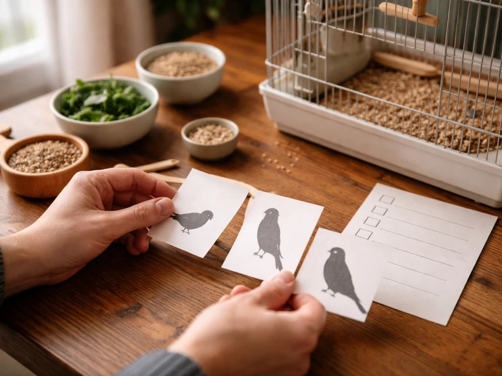 Anonymous hands compare bird-care items, cage, silhouettes, and a blank checklist on a cozy table.