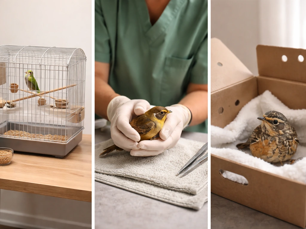 Three-part triage scene: pet bird cage, wildlife worker assessing a wild bird, and a rescued bird in a safe box.