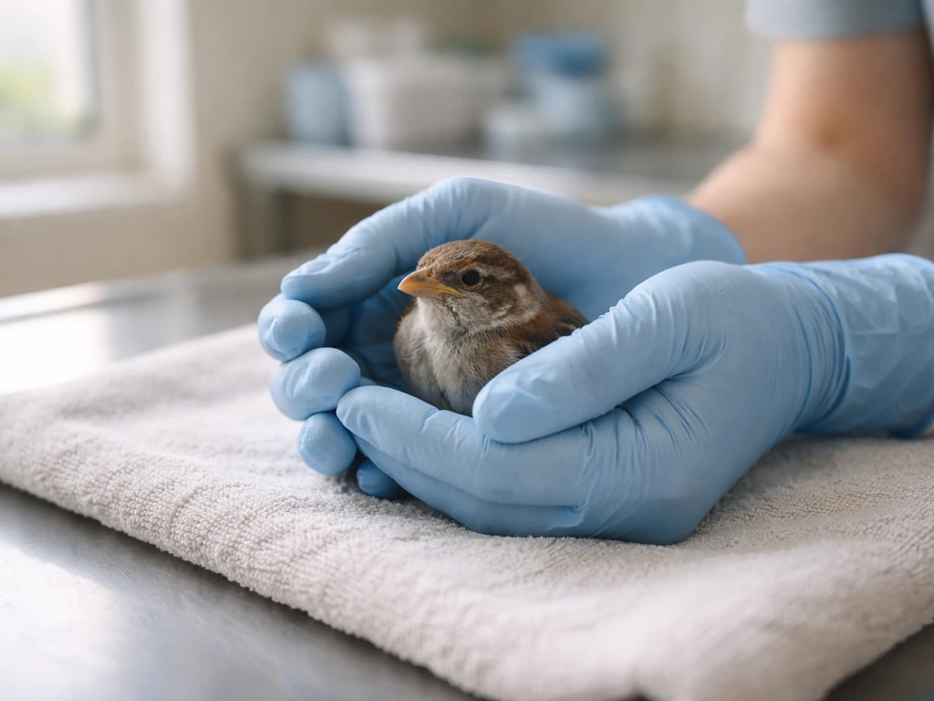 Gloved wildlife rehabilitator gently examines an injured baby bird in a clean intake room.