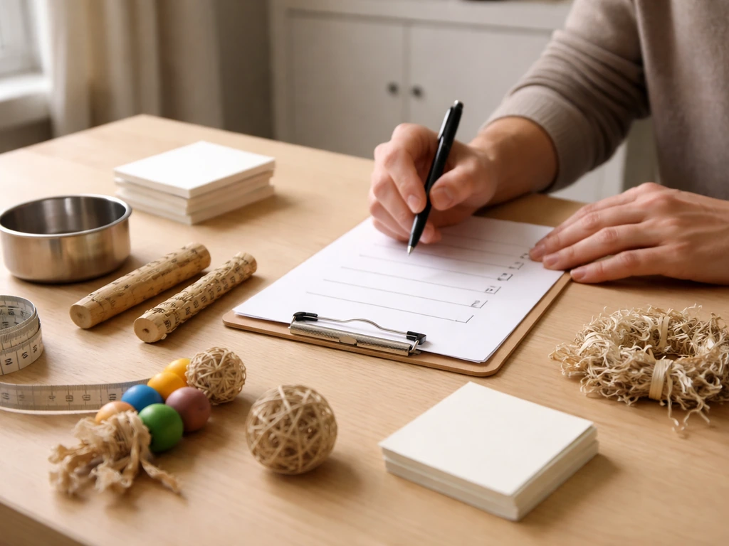 Person at a tidy desk reviewing bird-care items and planning time and supplies