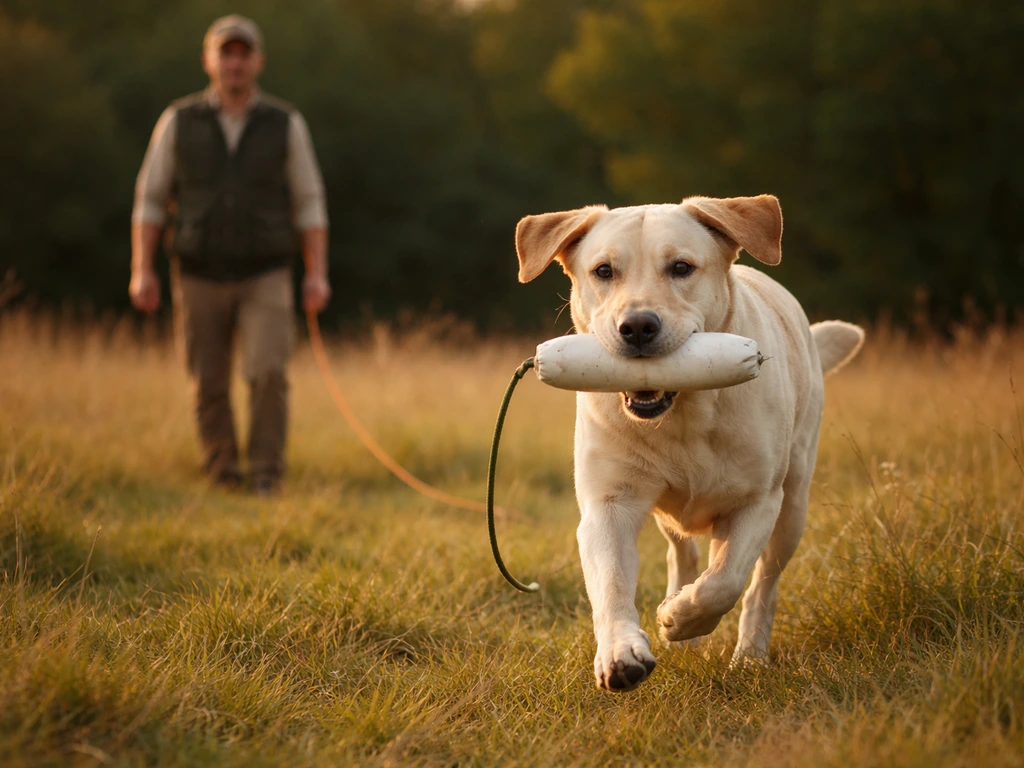 A Labrador Retriever in a field retrieves a training bumper as a handler stands nearby.