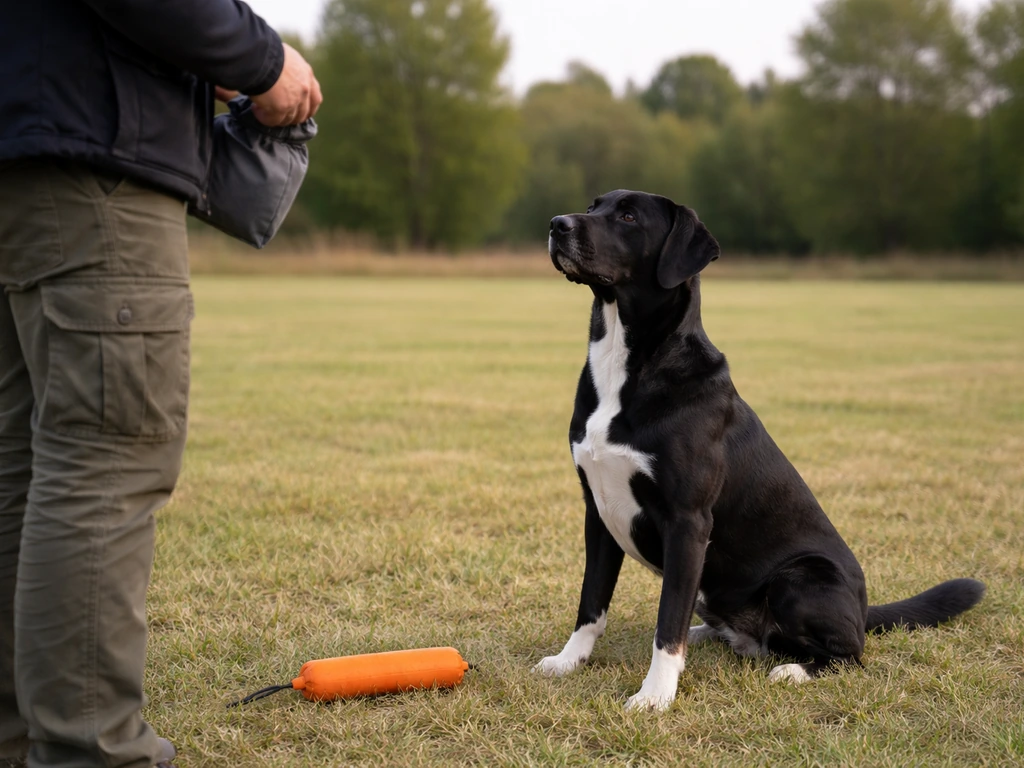 Black-and-white Labrador sitting on a grassy training field while a handler rewards obedience; a bumper nearby.