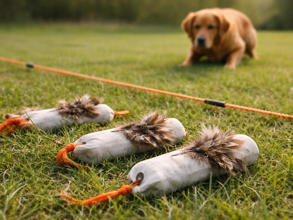 Feathered training bumpers on grass with a retriever poised to retrieve in a controlled drill