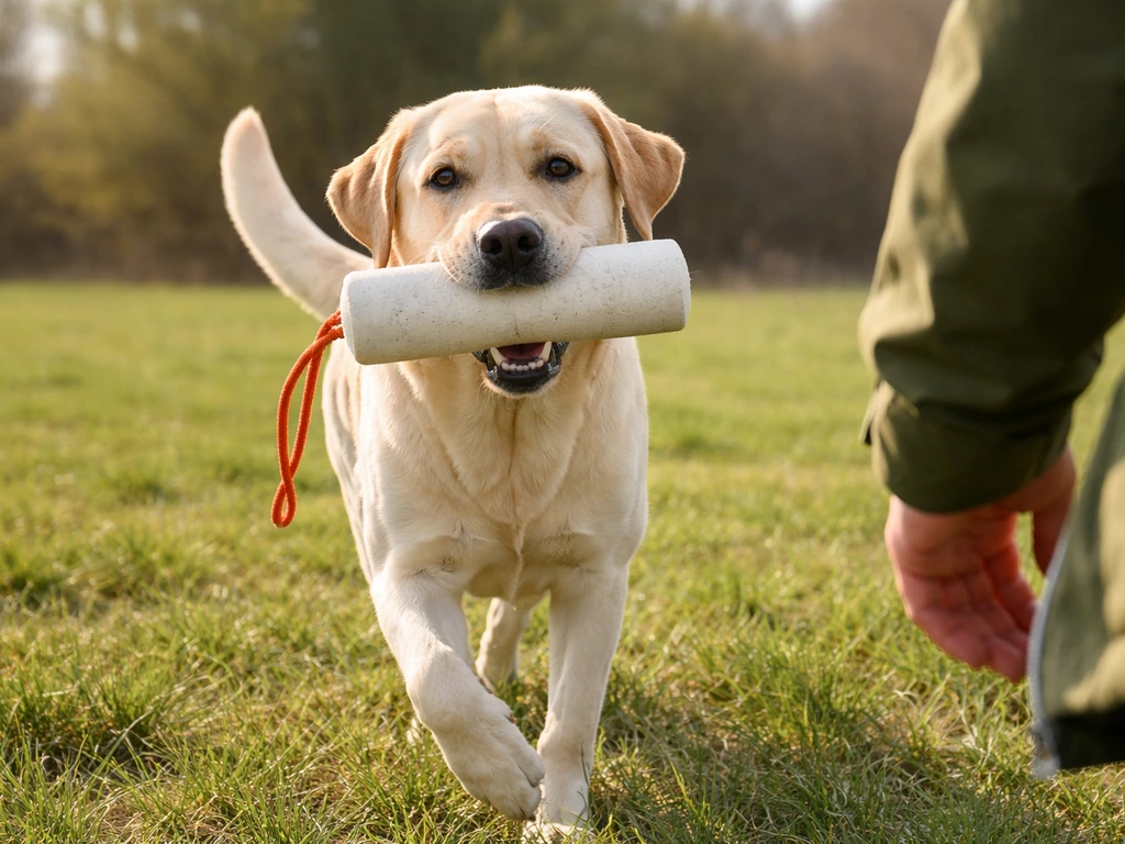 Yellow lab carrying a training bumper toward a handler’s reach in a quiet outdoor field