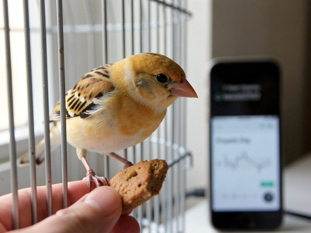 Songbird perched as the owner prepares a treat for vocal training