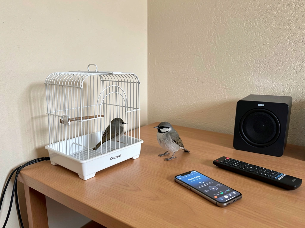Training setup showing one sound source near the bird cage