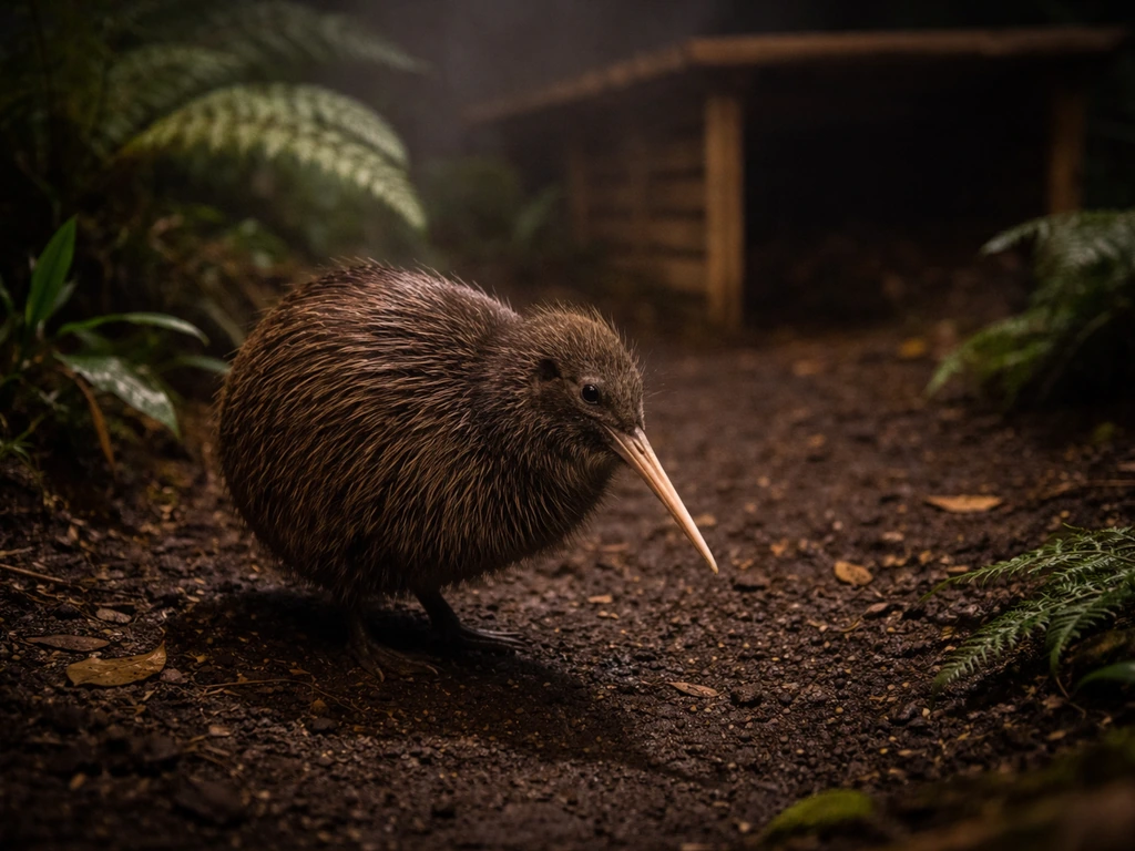 A kiwi bird in a dim nighttime-style enclosure with soft light and natural ground cover
