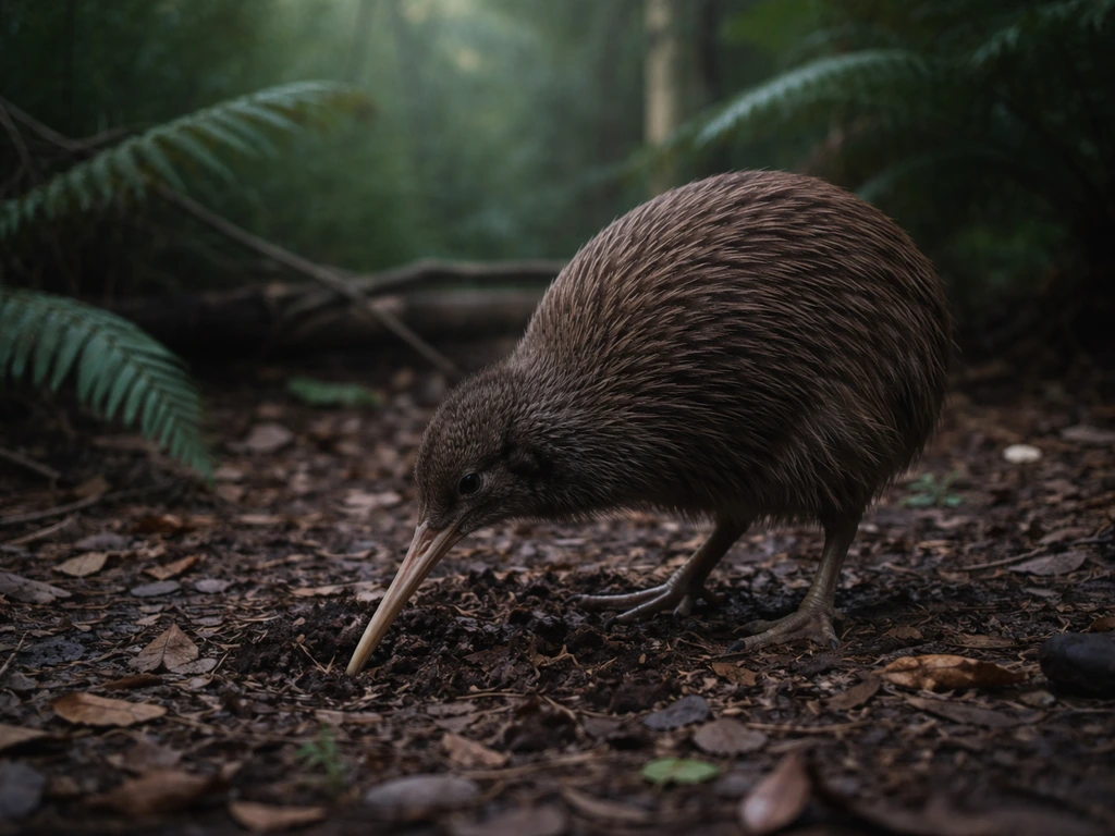 A brown kiwi bird foraging in leaf litter at dusk, with its long bill and flightless body clearly visible.