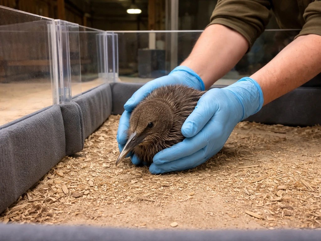 Gloved handler safely retrieving a kiwi inside a controlled wildlife enclosure behind clear barriers.