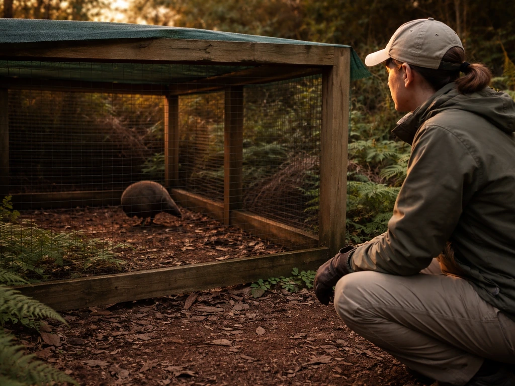Keeper quietly observing from a distance beside a kiwi enclosure outdoors, calm and unintrusive.