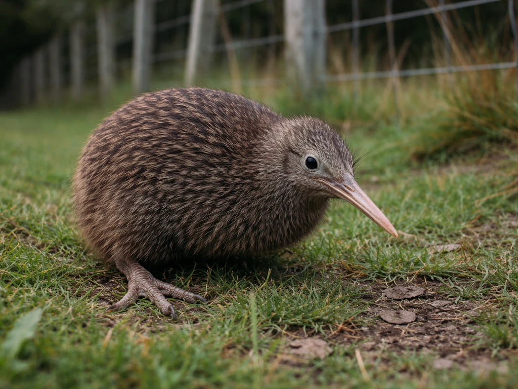 A single kiwi bird crouched and frozen in a grass patch, tense and alert like a stress response.