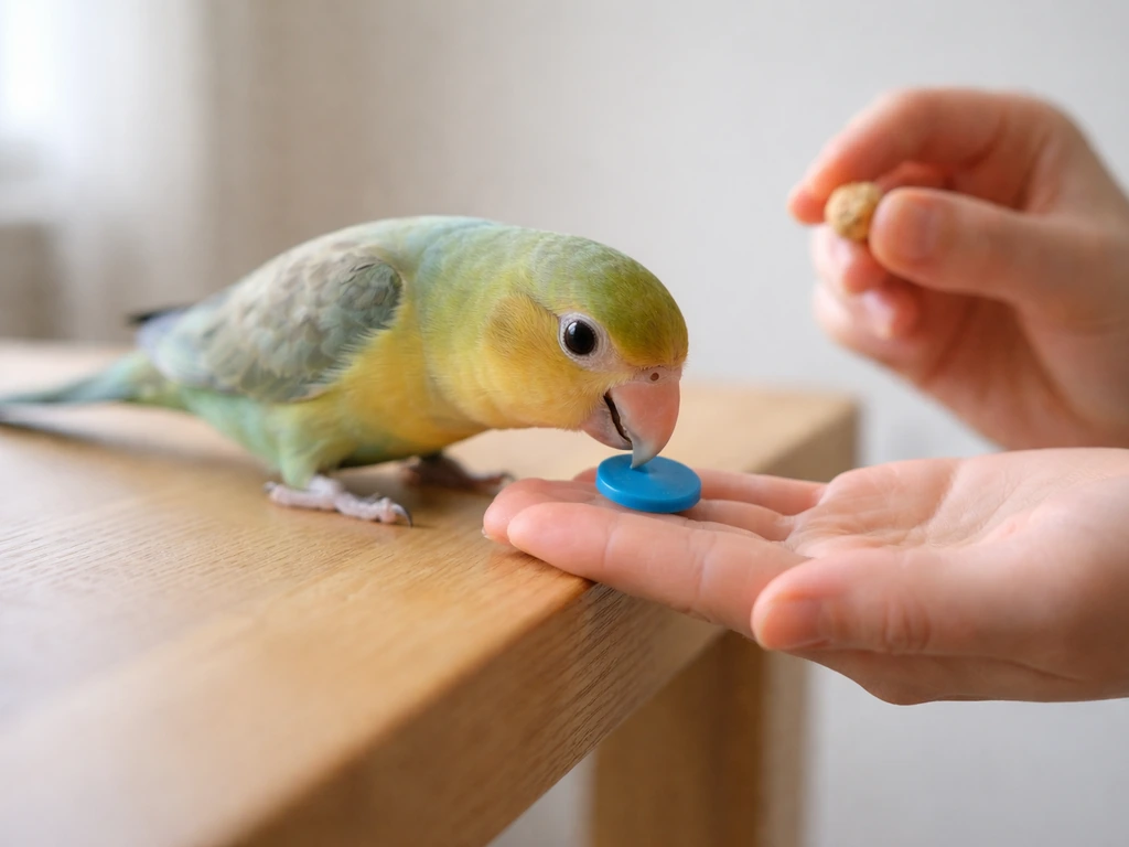 Pet bird gently picking up a small plastic token from a hand in a bright, calm room
