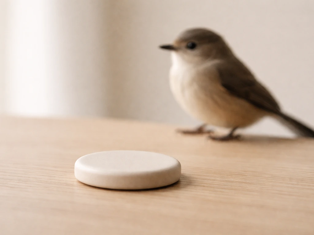 Non-metal bird-safe token substitute placed on a table in front of an unidentifiable small bird