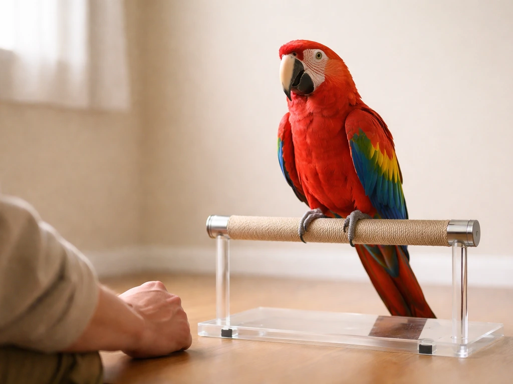 Calm parrot perched on a training stand with a trainer’s hand nearby in a quiet indoor setting
