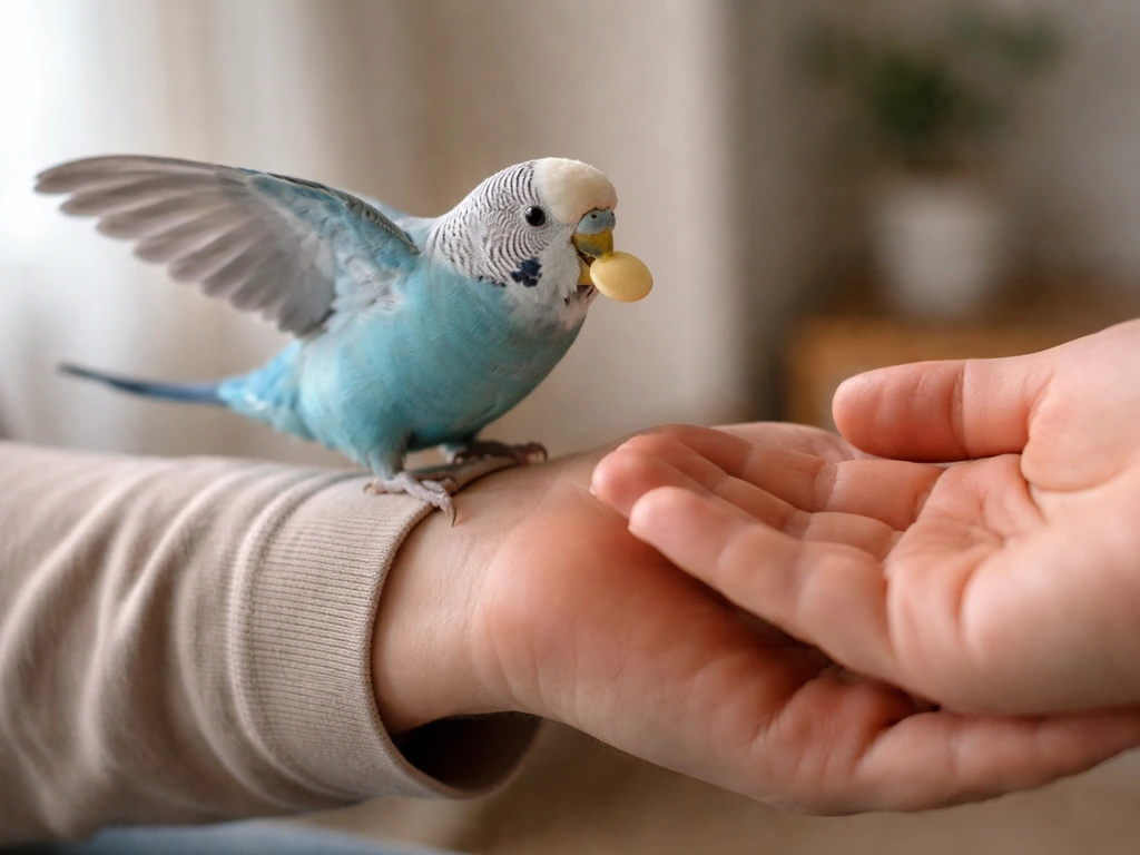 Trained bird gripping a small token as it moves toward a trainer’s open hand