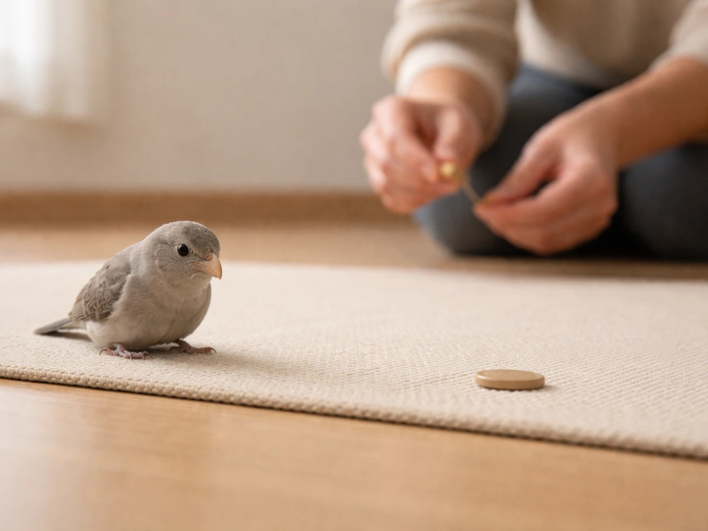 Trainer at a distance offers a reward as a pet bird hesitates near a token on the floor