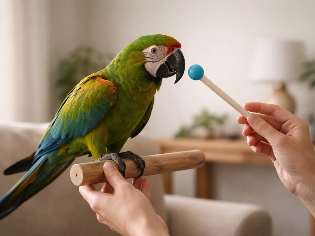 Anonymous hands offer a perch/target as a calm parrot steps up voluntarily in natural light.
