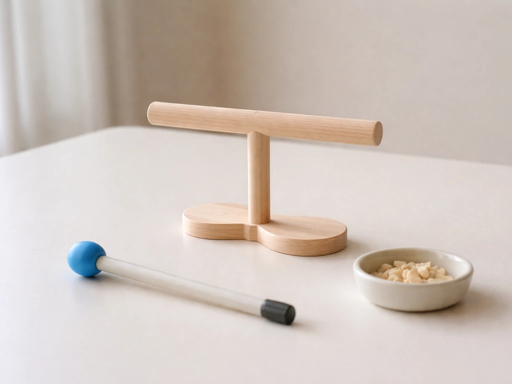 Minimal bird training setup with a perch, target stick, and small treat pieces on a clean tabletop.