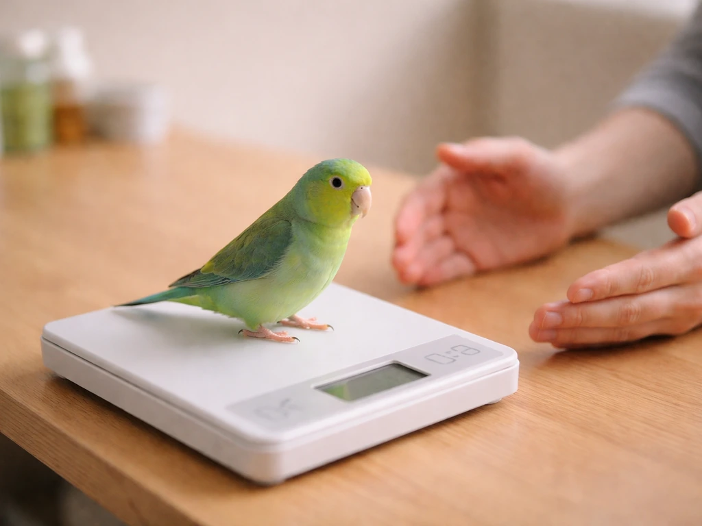 Trainer’s open hand offers a small pet bird choice while the bird steps onto a low scale