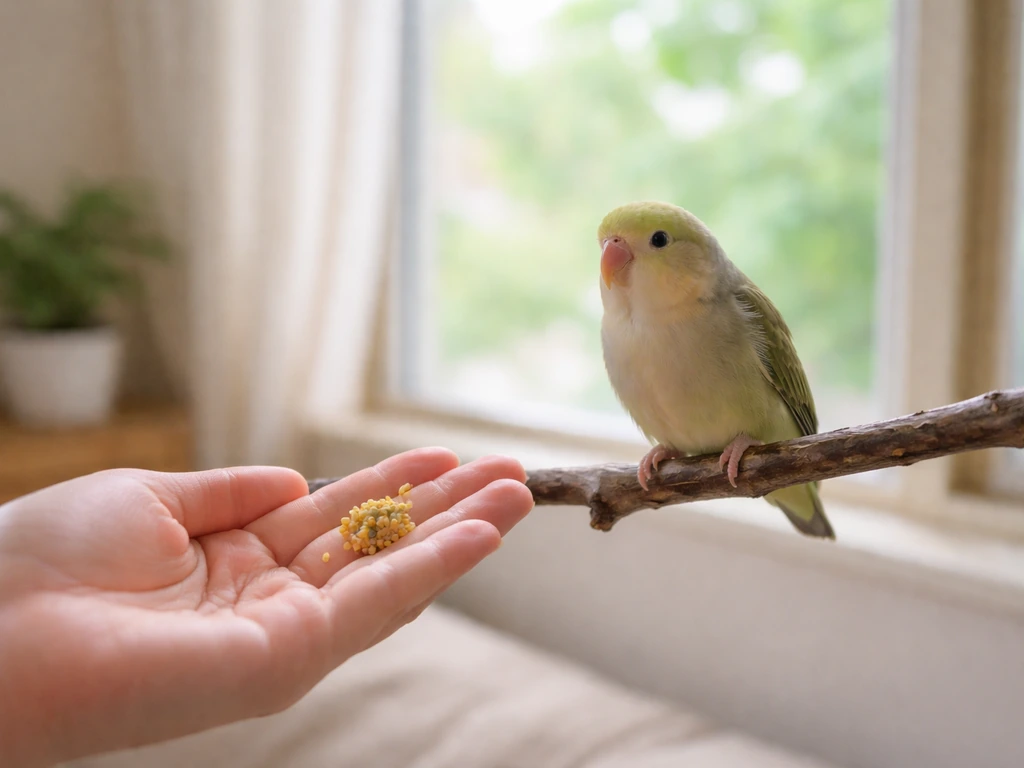 Hands hold bird-safe food at a fearful bird’s comfortable distance in a quiet room near a window.