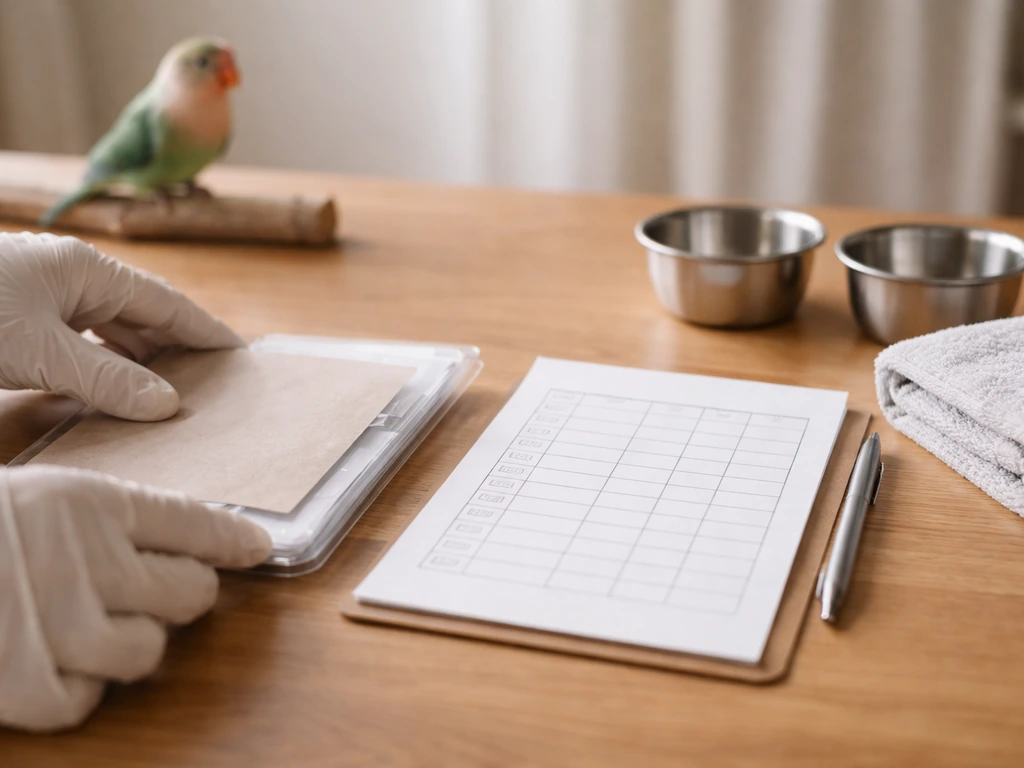 Hands reviewing bird welfare and legal compliance documents in a quiet home workspace