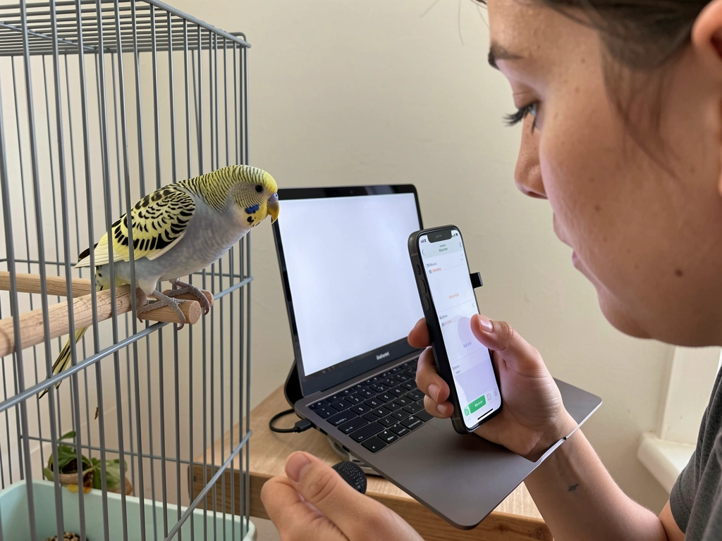 Pet budgie/cockatiel attentively listening as the training whistle cue is played.