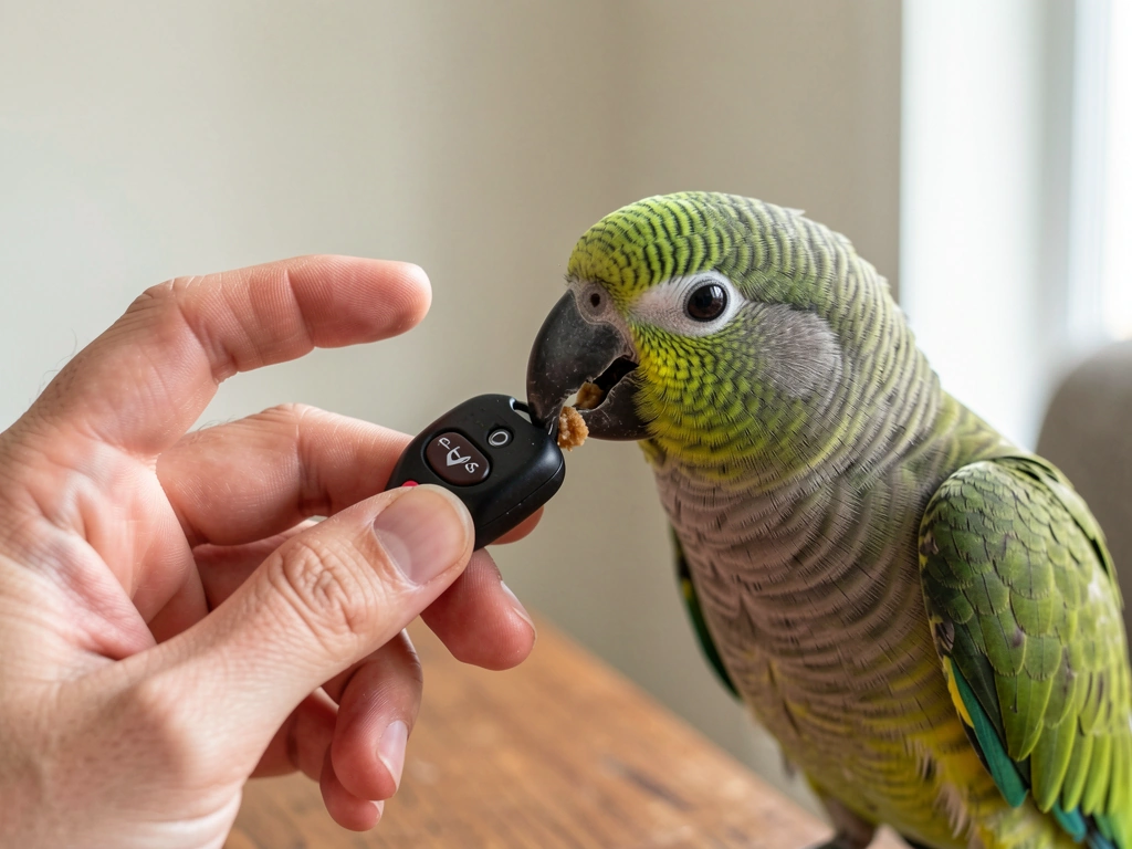 Owner uses a clicker and immediately offers a treat to reinforce the bird’s response.