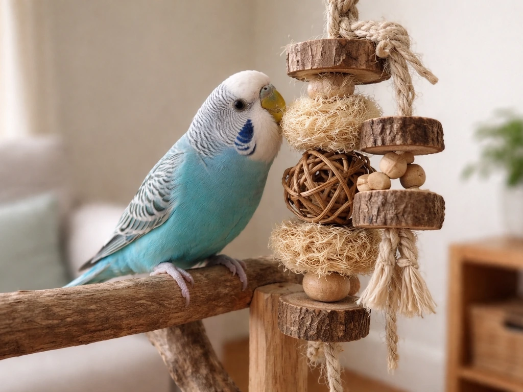 Small companion bird safely exploring a hanging foraging toy on a wooden stand in a calm indoor room.