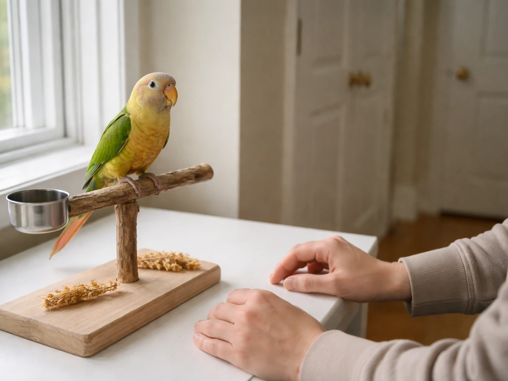 Calm parrot perched indoors with a handler’s hands nearby, closed door and minimal, stress-free setup.