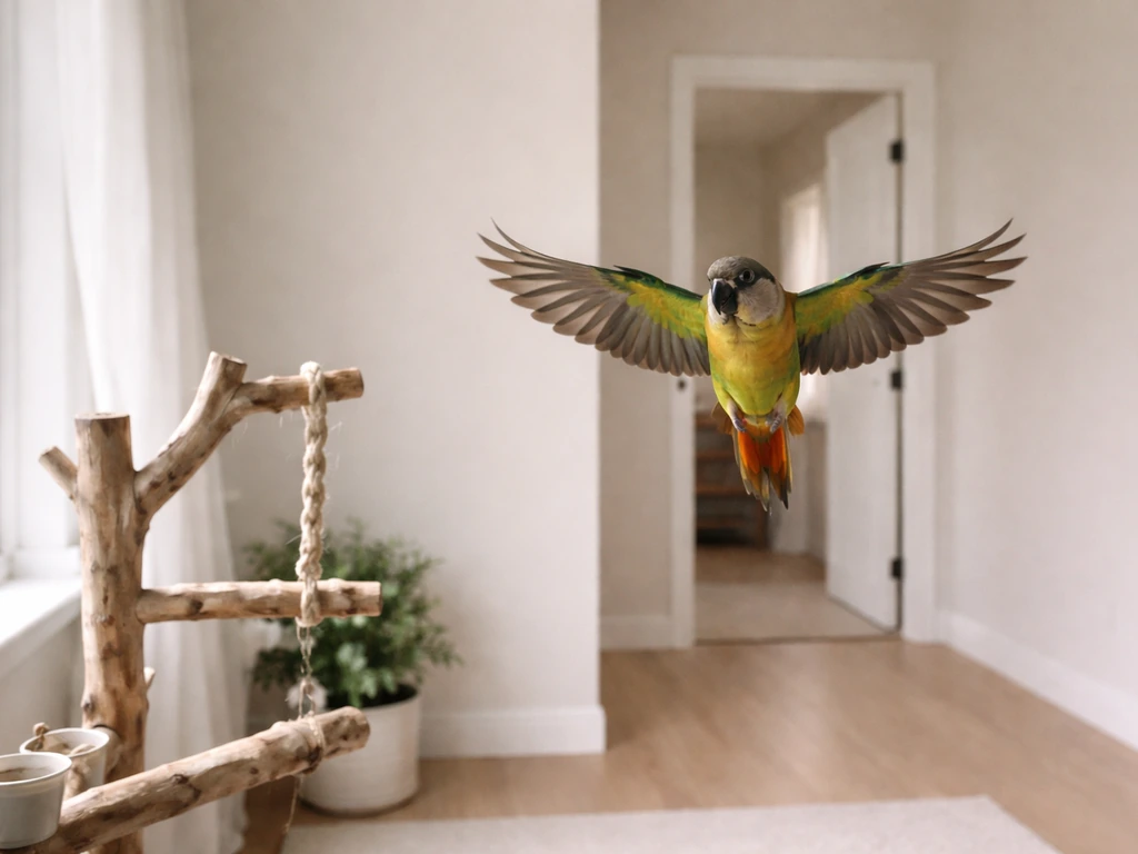 A small parrot flies above natural wooden perches in a bird-safe room with open doorway boundary