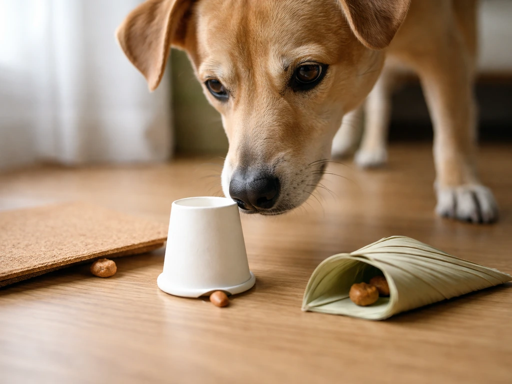 A dog nose nudges puzzle-style food hidden in paper cup and under a cork mat on a floor.
