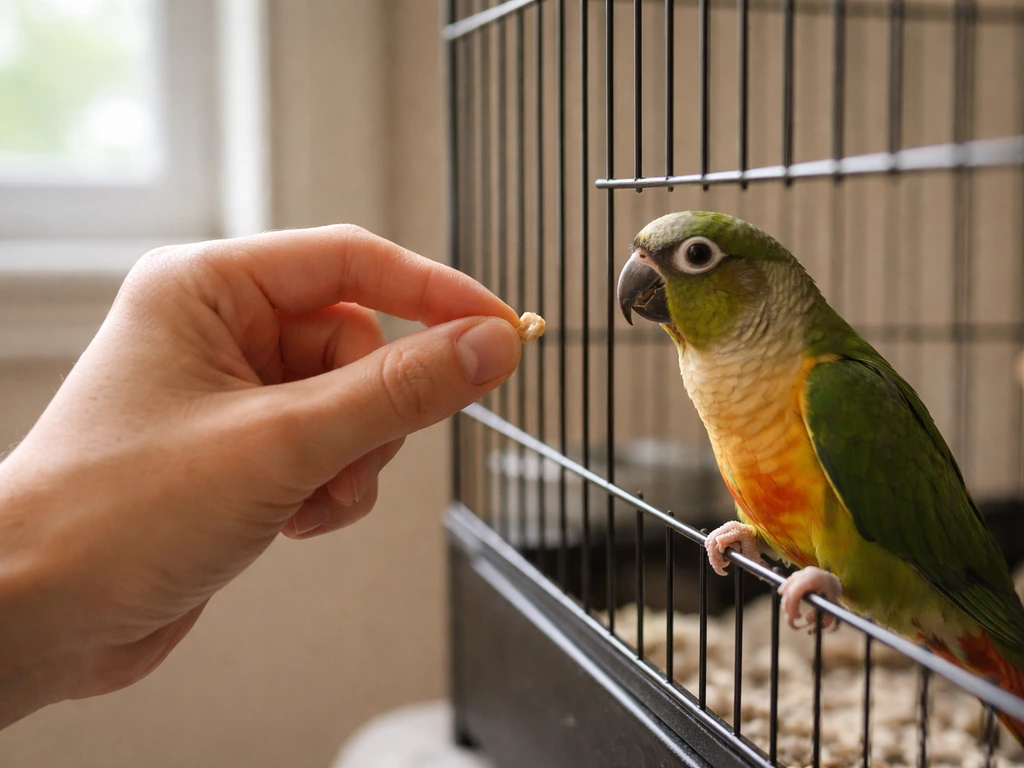 Handler in a calm room offers a treat to a small parrot perched near cage bars