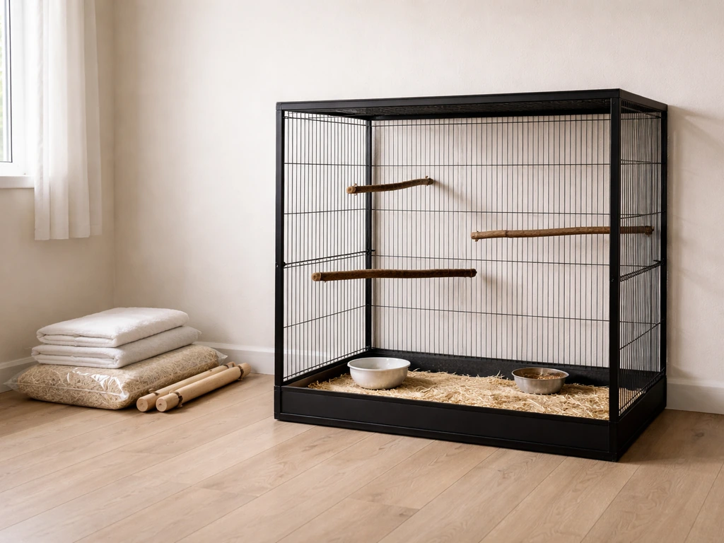 Clean indoor dove aviary with natural perches, water dish, and neatly placed safe supplies nearby