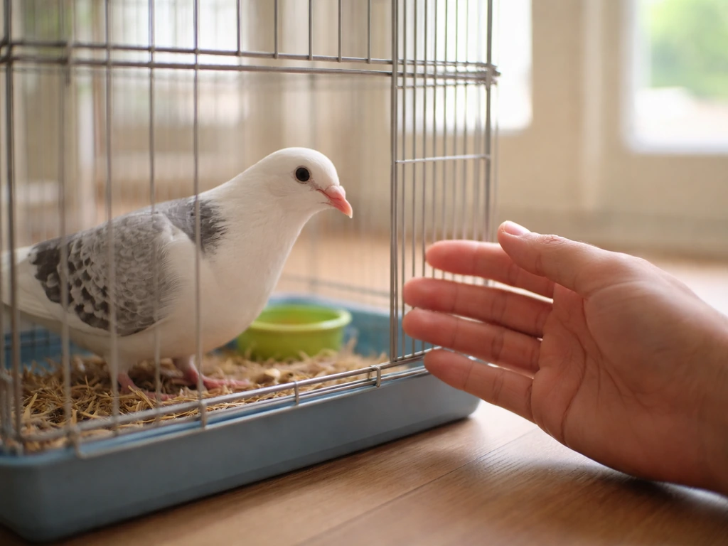 A dove calmly approaches a still trainer’s hand near its wire cage in soft natural light.