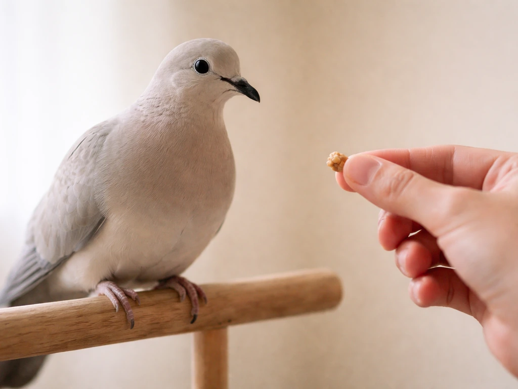 Calm dove perched while a trainer’s hand offers a small treat beside it, focused and relaxed.