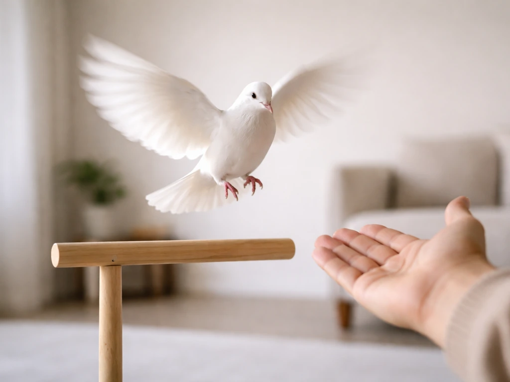 A white dove launches from a wooden perch to an outstretched hand in a quiet indoor room.