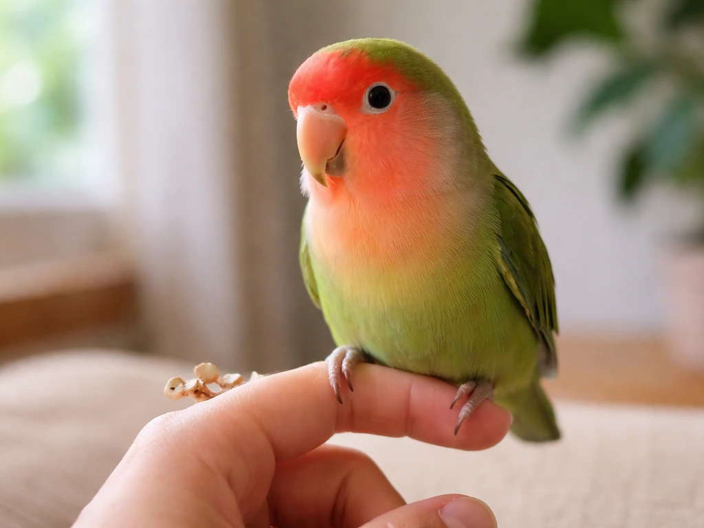 A calm lovebird steps onto a gentle human finger perch with a couple of treats nearby.