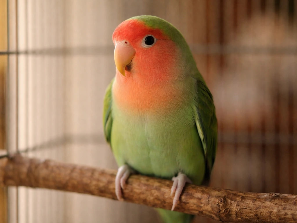 Calm peach-faced lovebird perched on a wooden branch inside a simple cage, eyes alert and relaxed.