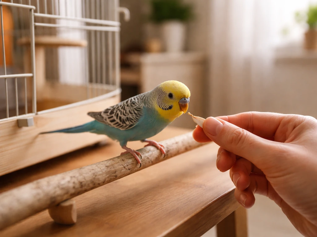 Anonymous hands offer a treat on a perch while a small bird steps up near an open cage.