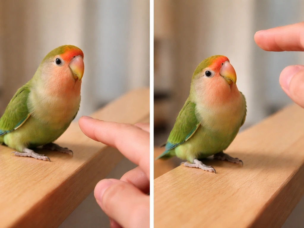 Close-up of a lovebird stepping onto a finger versus a hand held at an unsafe angle that may trigger biting