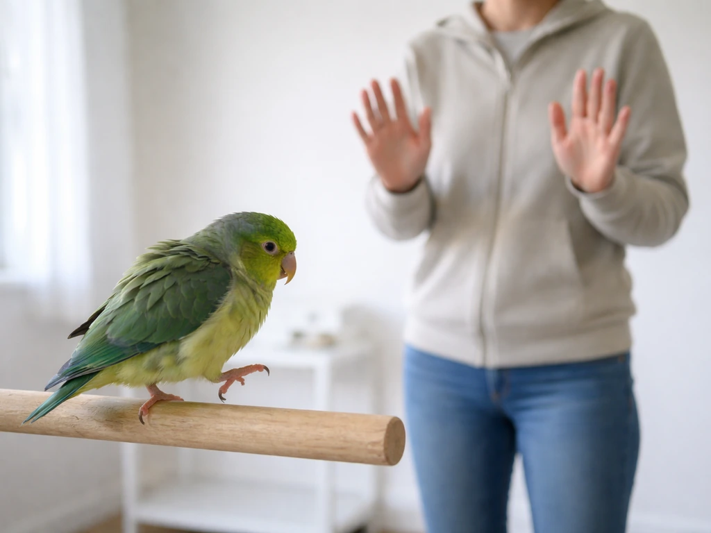 Pet bird on a perch with tense posture as the handler steps back calmly to prevent biting.