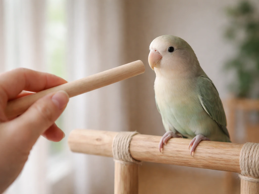 Trainer offers a dowel at beak height for a calm pet bird to step up indoors.