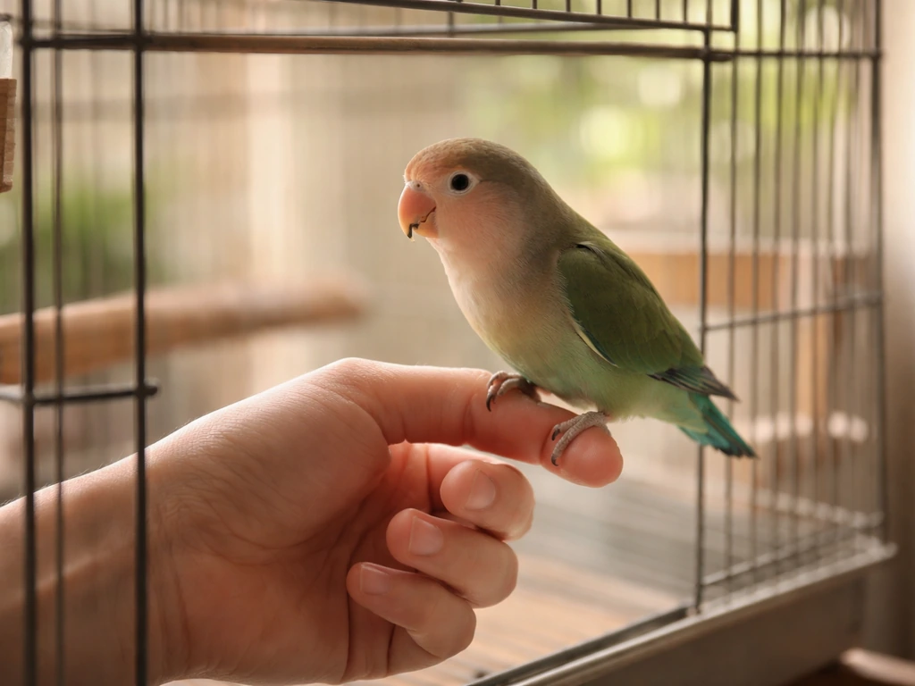 Close-up of a small pet bird calmly stepping onto a trainer’s offered hand inside a cage