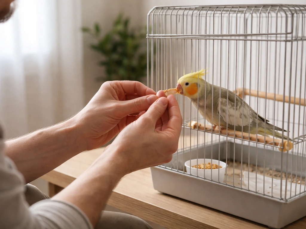 Trainer seated beside a small bird cage, offering treats through the bars as the bird calmly eats.
